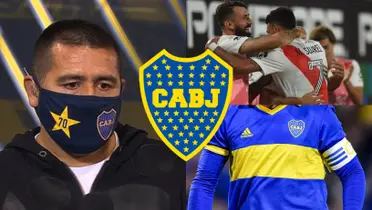 Riquelme junto a una camiseta de Boca y jugadores de River.