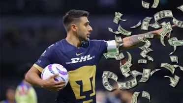 Salvio con la camiseta de Pumas y billetes cayendo.