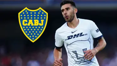 Salvio con la camiseta de Pumas y el escudo de Boca a su lado.