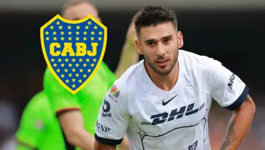 Salvio con la camiseta de Pumas y un escudo de Boca a su lado.