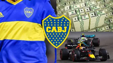 Un jugador de Boca misterioso y a su lado un monoplaza de Red Bull.